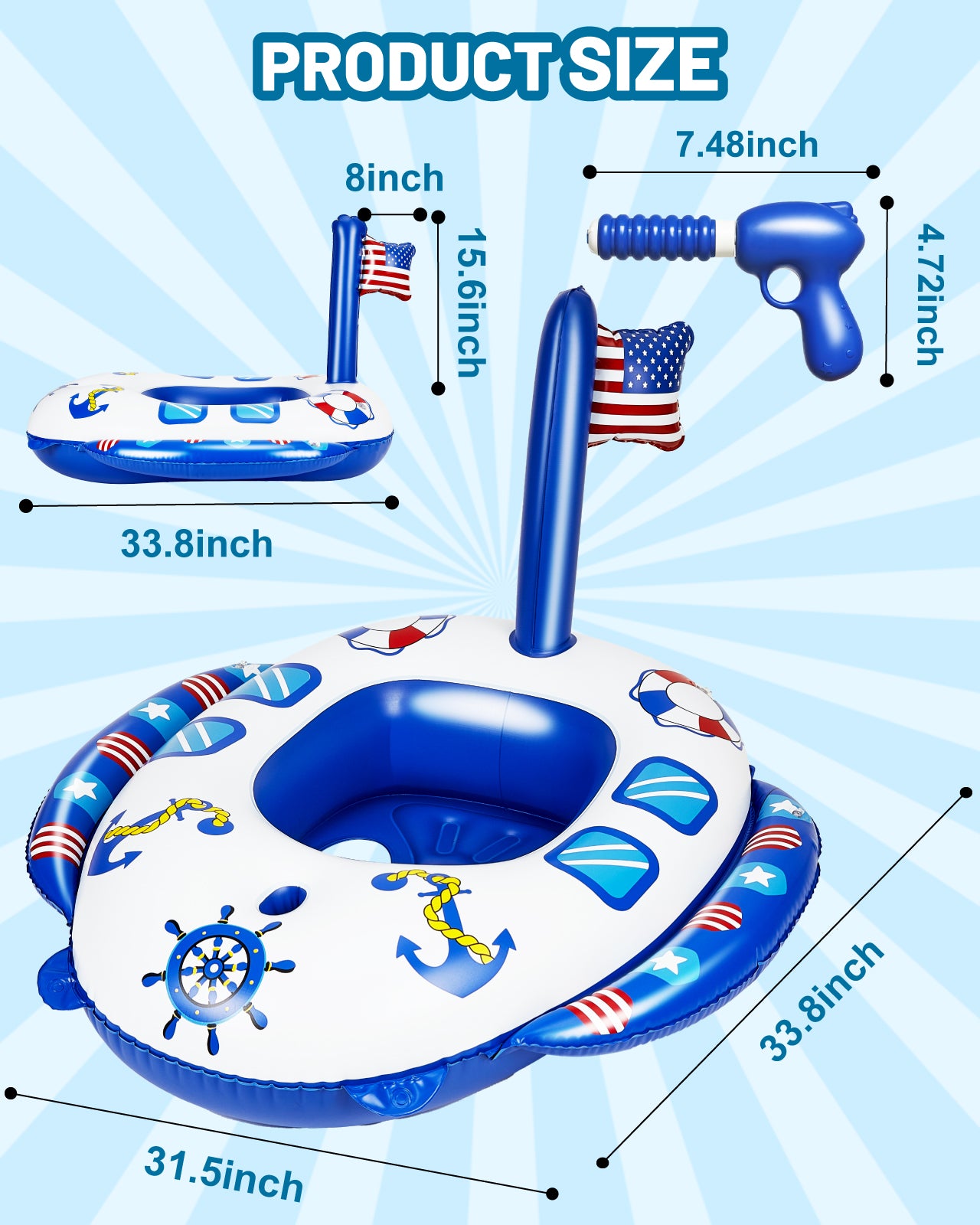 Inflatable Pool Floats for Toddlers with Built-in Water Squirt Gun, Pirate Boat Pool Float Swim Seat Toys for Kids, Summer Outdoor Water Toy for Boys Girls Aged 3-8 Years, Blue