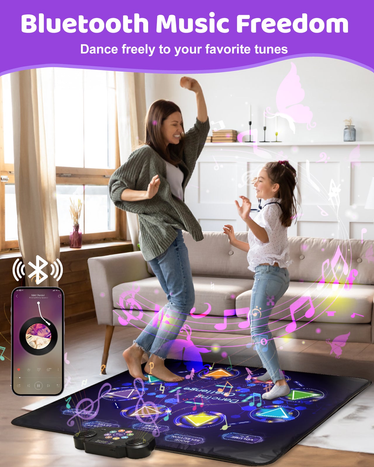 Dance Mat for Kids, Light-Up Dance Pad with Wireless Bluetooth, 8 Modes & 3 Levels Music Dance Game Mat, Christmas Birthday Toy Gift for Girls Boys Ages 3-12 Years