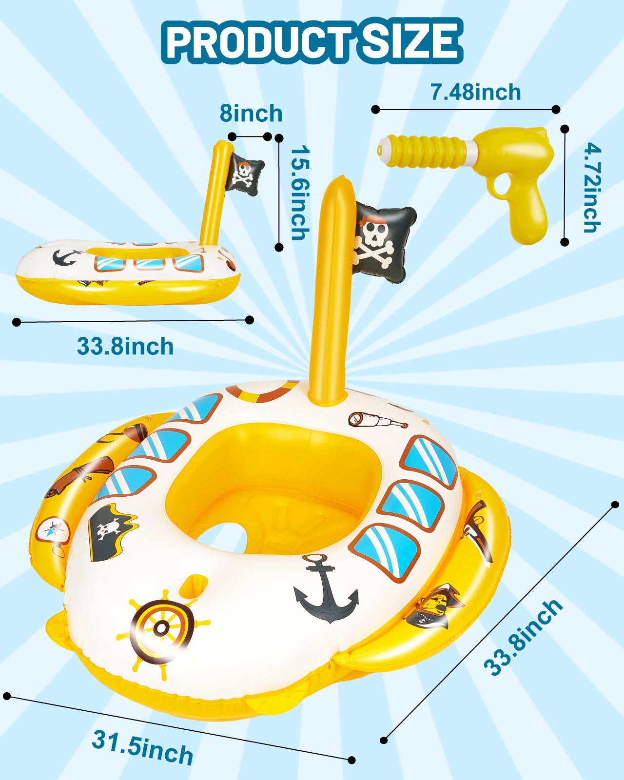 Inflatable Pool Floats for Toddlers with Built-in Water Squirt Gun, Pirate Boat Pool Float Swim Seat Toys for Kids, Summer Outdoor Water Toy for Boys Girls Aged 3-8 Years, Yellow
