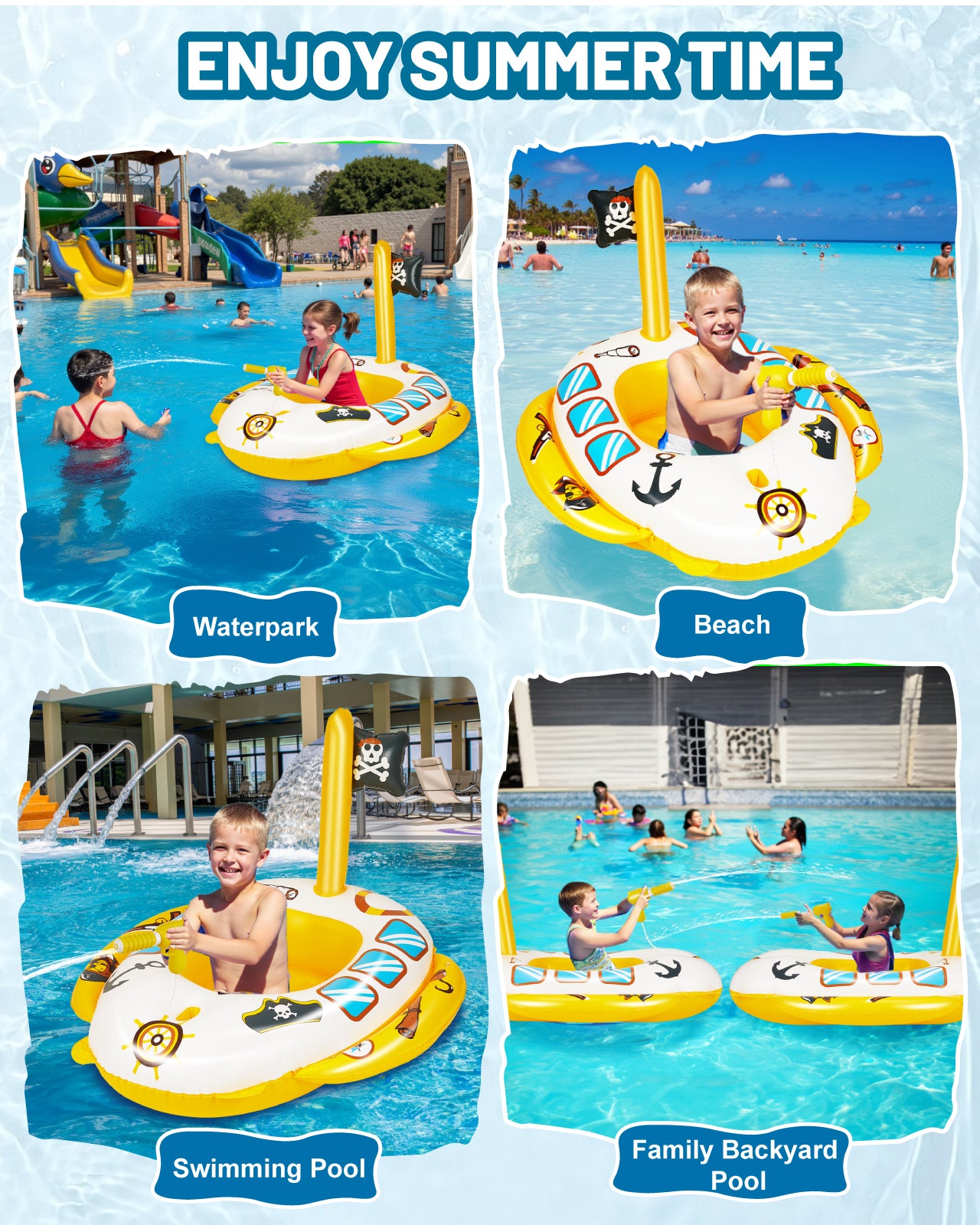 Inflatable Pool Floats for Toddlers with Built-in Water Squirt Gun, Pirate Boat Pool Float Swim Seat Toys for Kids, Summer Outdoor Water Toy for Boys Girls Aged 3-8 Years, Yellow