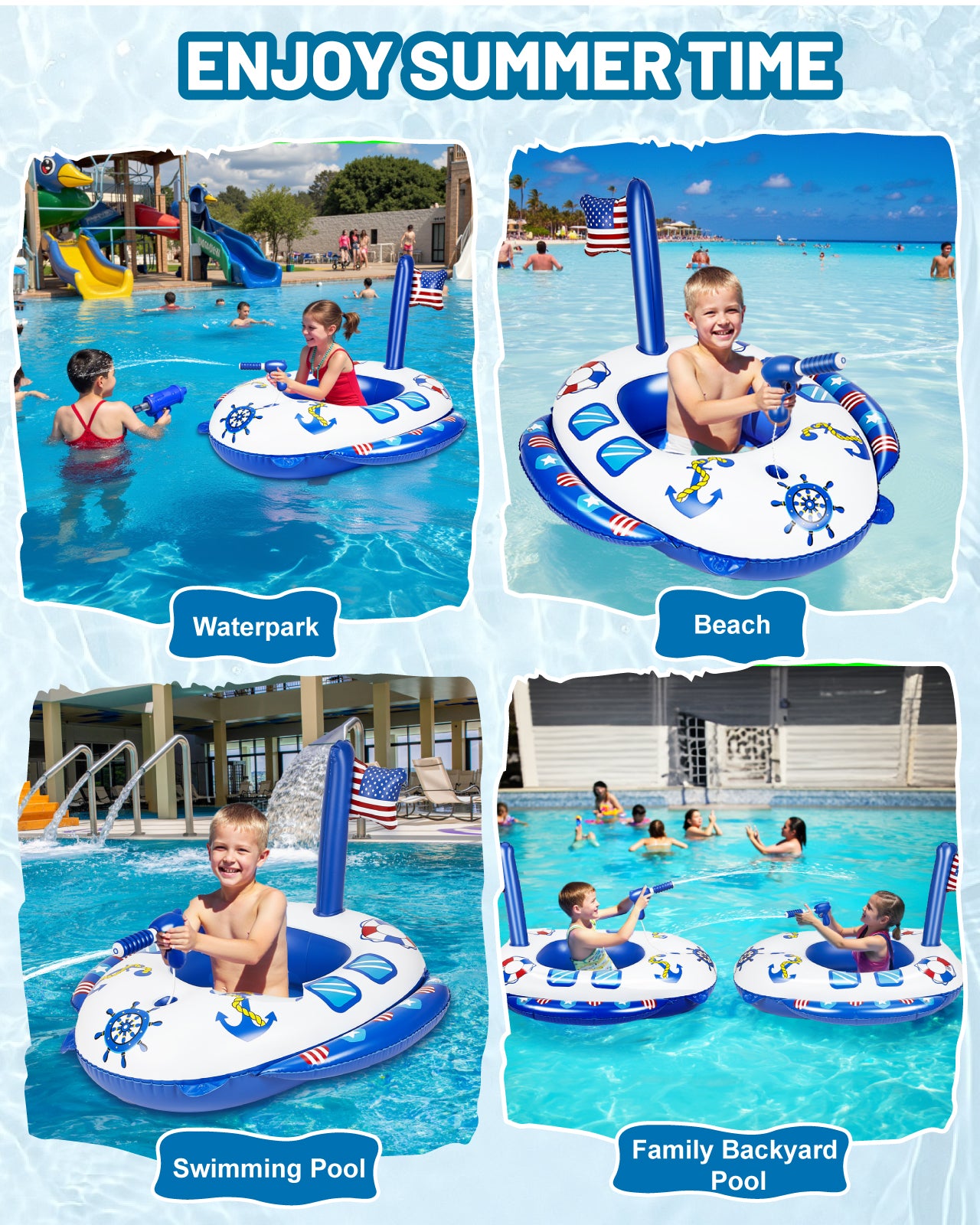 Inflatable Pool Floats for Toddlers with Built-in Water Squirt Gun, Pirate Boat Pool Float Swim Seat Toys for Kids, Summer Outdoor Water Toy for Boys Girls Aged 3-8 Years, Blue