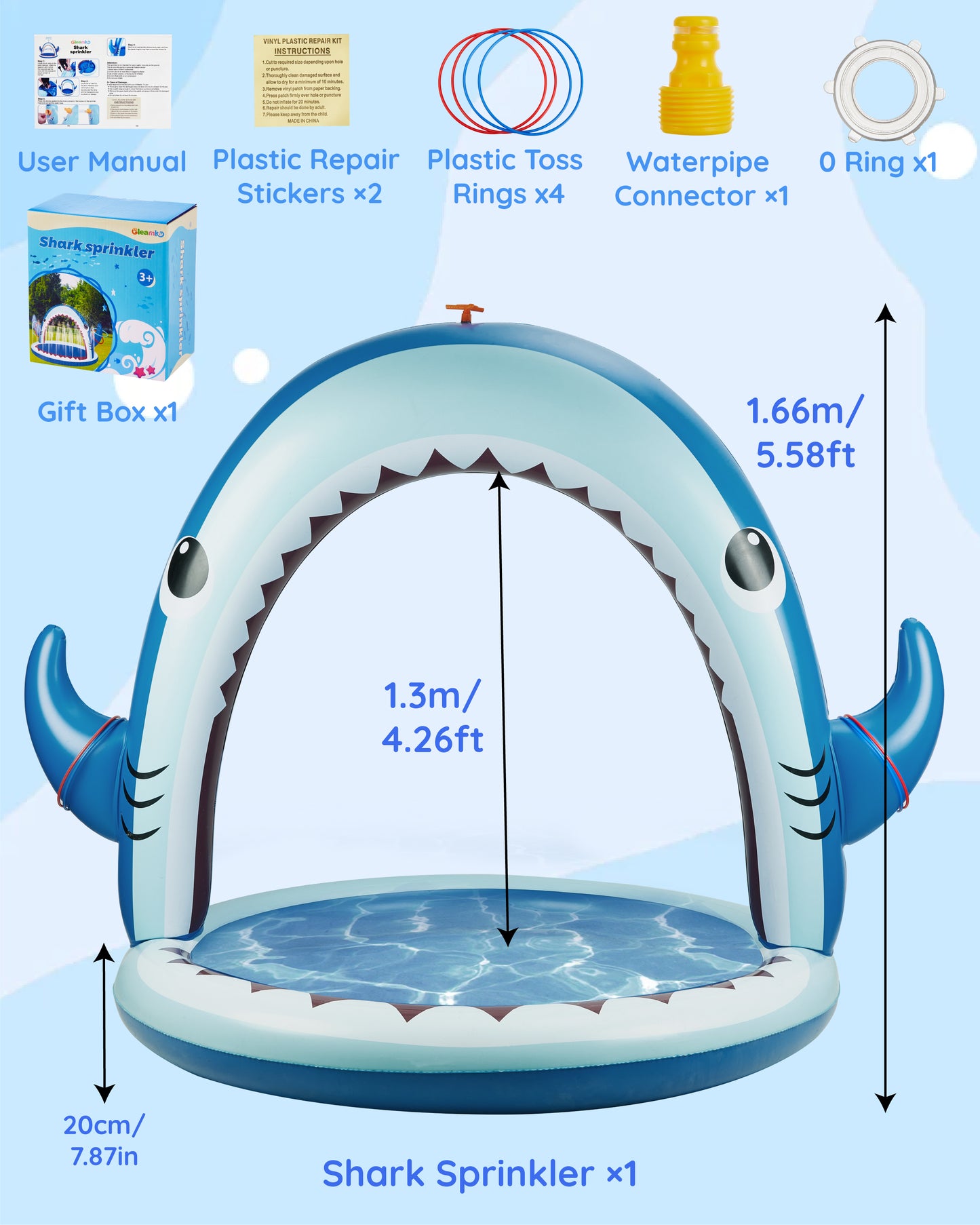 Water Sprinkler for Kids, 4-In-1 Shark Inflatable Water Toys for Toddler, Summer Outdoor Game with 4 Rings Toss, Backyard Water Sprinkler Spray Toy Fun Gift for Boys Girls