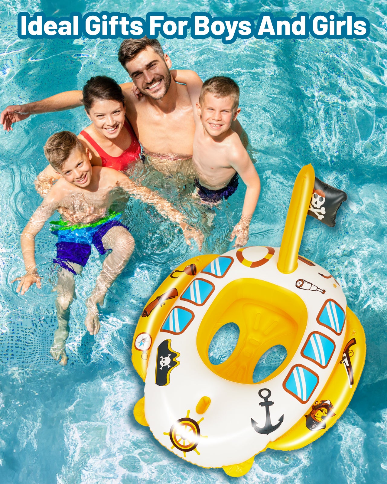 Inflatable Pool Floats for Toddlers with Built-in Water Squirt Gun, Pirate Boat Pool Float Swim Seat Toys for Kids, Summer Outdoor Water Toy for Boys Girls Aged 3-8 Years, Yellow
