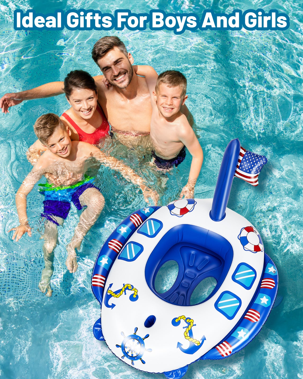 Inflatable Pool Floats for Toddlers with Built-in Water Squirt Gun, Pirate Boat Pool Float Swim Seat Toys for Kids, Summer Outdoor Water Toy for Boys Girls Aged 3-8 Years, Blue