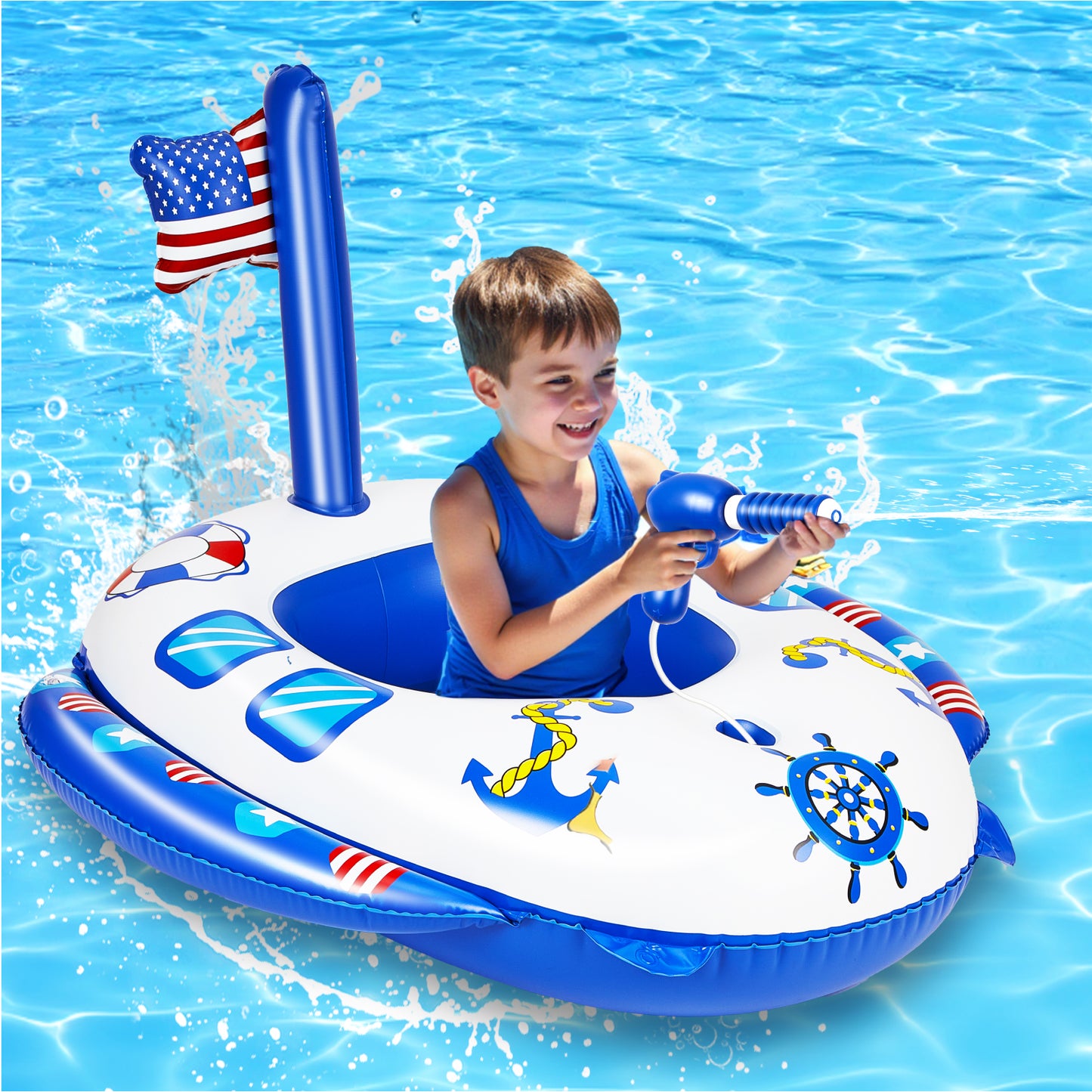 Inflatable Pool Floats for Toddlers with Built-in Water Squirt Gun, Pirate Boat Pool Float Swim Seat Toys for Kids, Summer Outdoor Water Toy for Boys Girls Aged 3-8 Years, Blue