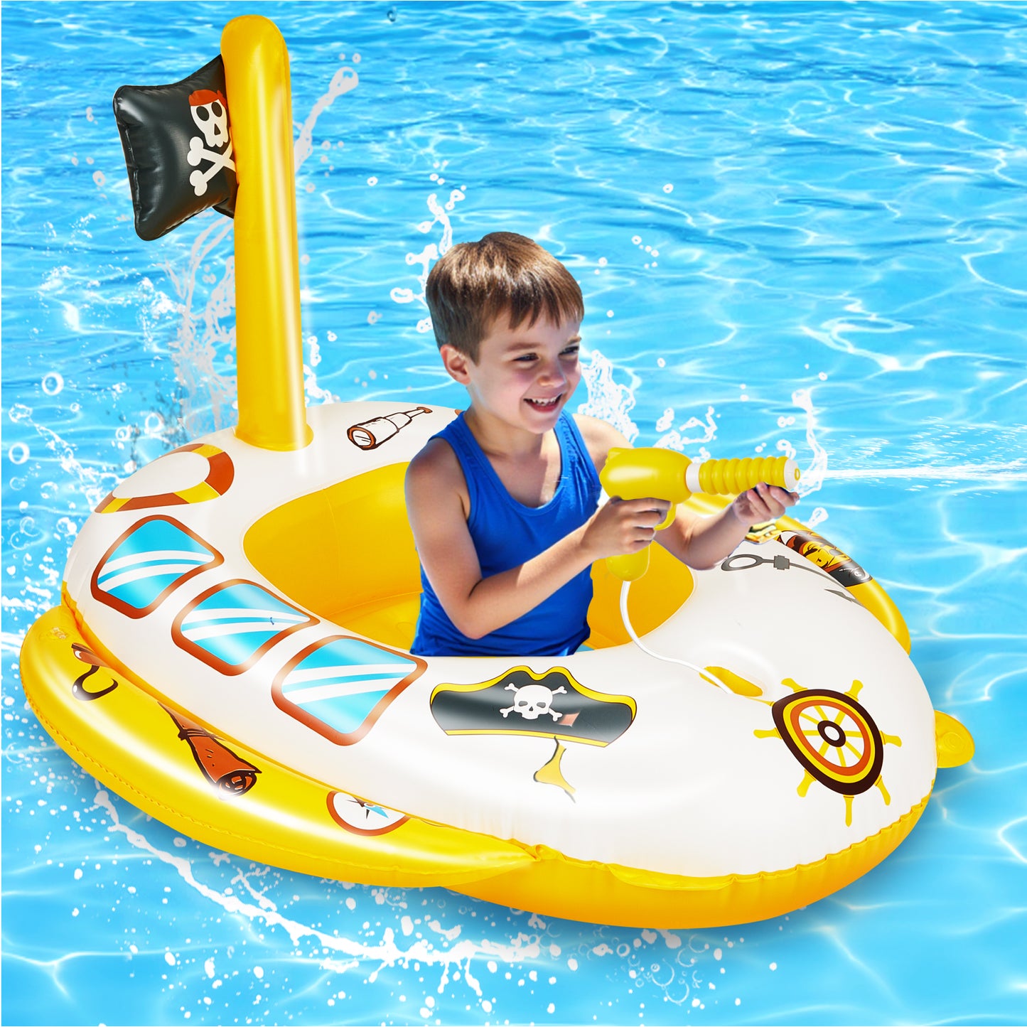 Inflatable Pool Floats for Toddlers with Built-in Water Squirt Gun, Pirate Boat Pool Float Swim Seat Toys for Kids, Summer Outdoor Water Toy for Boys Girls Aged 3-8 Years, Yellow