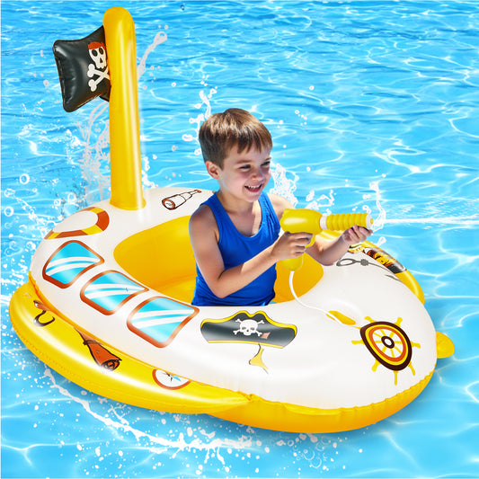 Inflatable Pool Floats for Toddlers with Built-in Water Squirt Gun, Pirate Boat Pool Float Swim Seat Toys for Kids, Summer Outdoor Water Toy for Boys Girls Aged 3-8 Years, Yellow