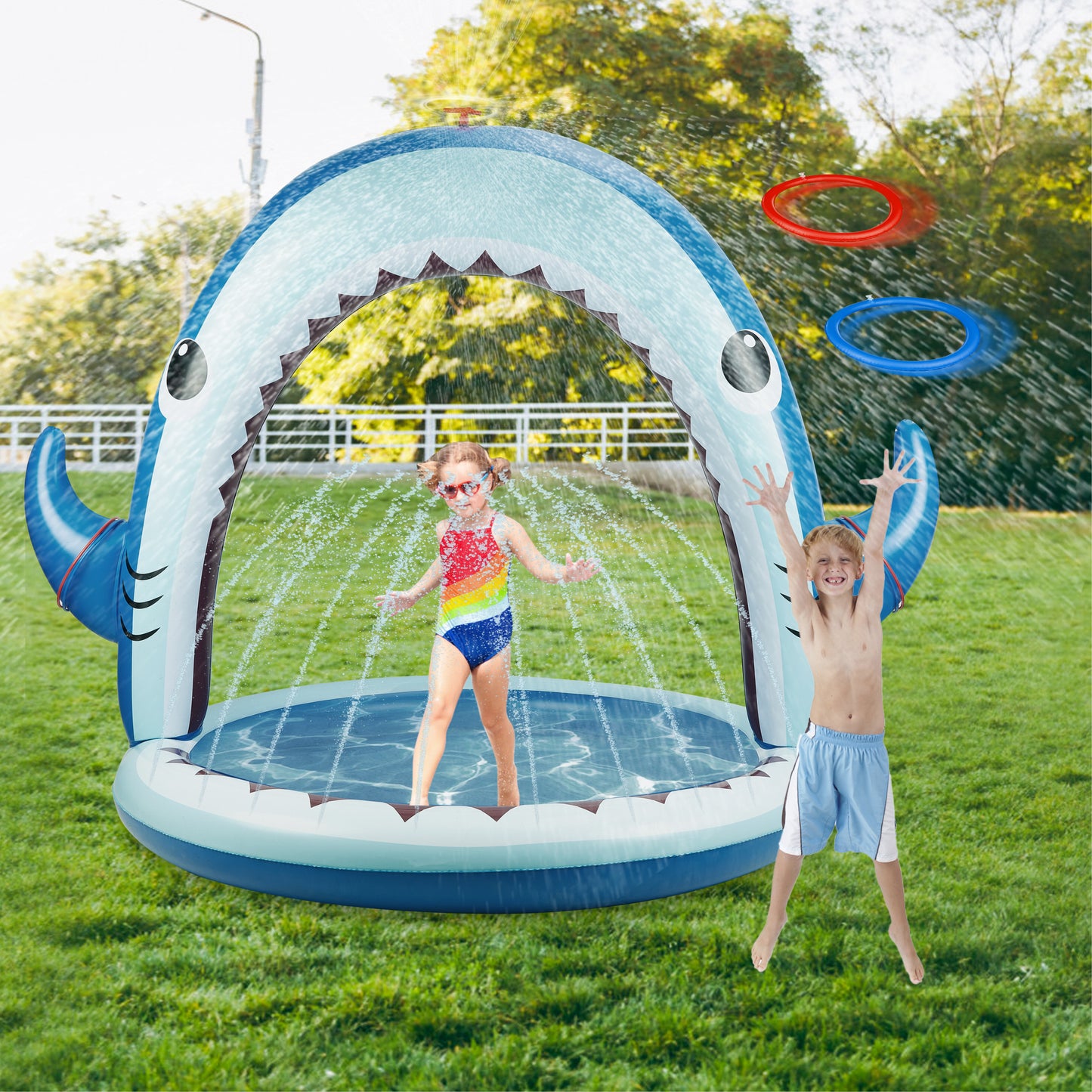 Water Sprinkler for Kids, 4-In-1 Shark Inflatable Water Toys for Toddler, Summer Outdoor Game with 4 Rings Toss, Backyard Water Sprinkler Spray Toy Fun Gift for Boys Girls