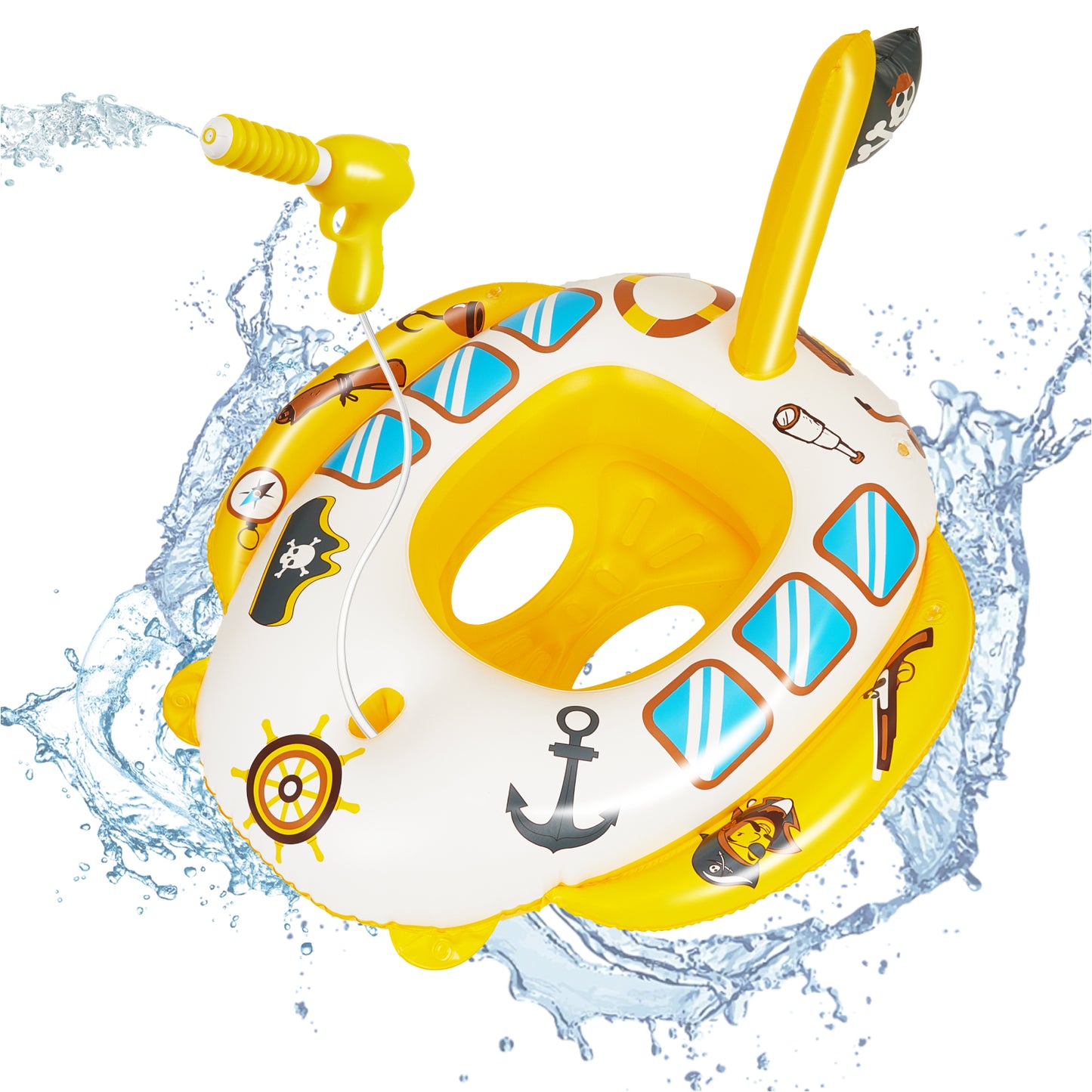 Inflatable Pool Floats for Toddlers with Built-in Water Squirt Gun, Pirate Boat Pool Float Swim Seat Toys for Kids, Summer Outdoor Water Toy for Boys Girls Aged 3-8 Years, Yellow