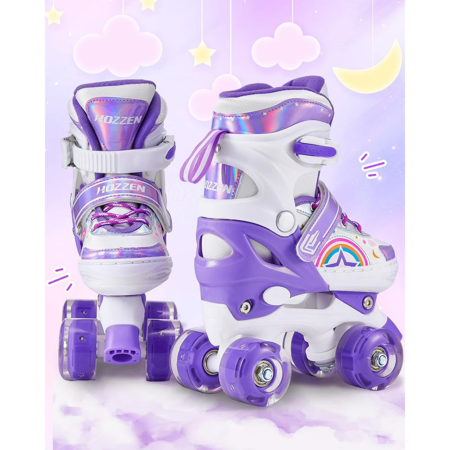 Hozzen Kids Roller Skates for Girls, 4 Size Adjustable Rainbow Unicorn Roller Skates with Light UP Wheels for Toddler Beginner (S, 9C-12C)
