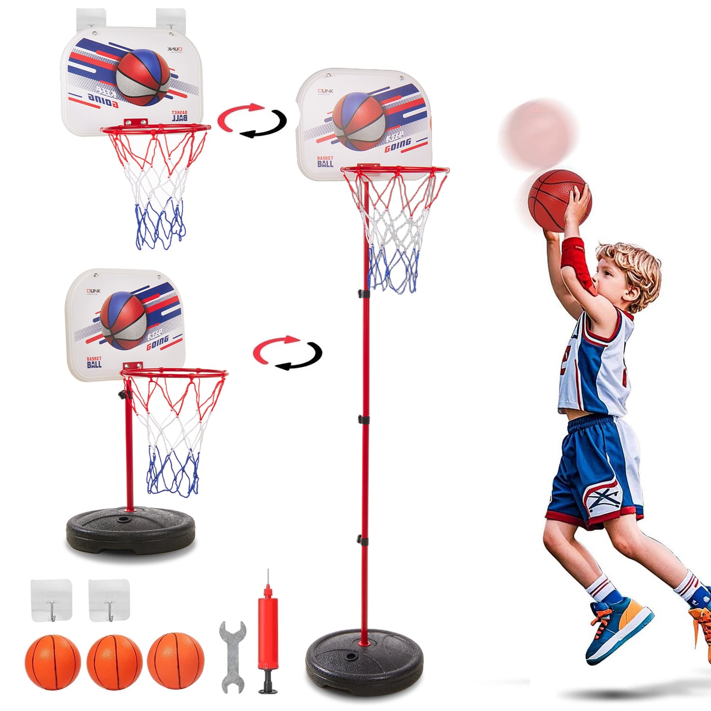 Anpro Kids Basketball Hoop with Stand, Adjustable Height 1.9FT-4.9FT, Toddler Basketball Hoop, Indoor Outdoor Mini Portable Basketball Goal Toys for Boys Girls Gift