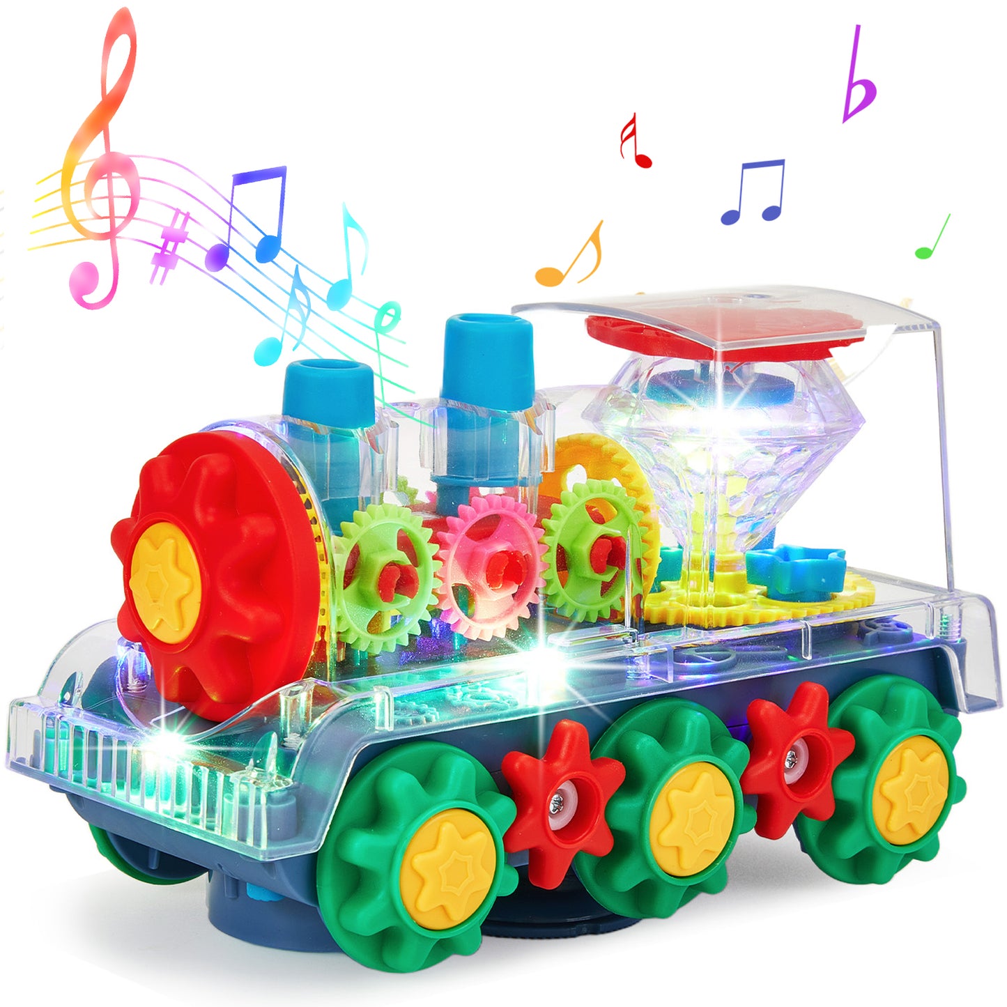 Anpro Gear Train Toy for Kids, Transparent Electric Rotating Mechanical Train Toy with Music, Flashing Light and 360 Rotation, Educational Gear Toy for Boys Girls 3+