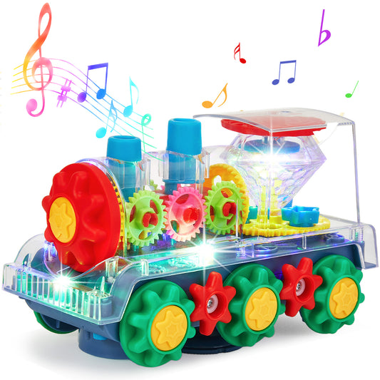 Anpro Gear Train Toy for Kids, Transparent Electric Rotating Mechanical Train Toy with Music, Flashing Light and 360 Rotation, Educational Gear Toy for Boys Girls 3+
