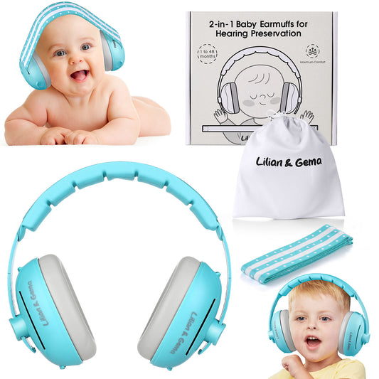 2-in-1 Baby Ear Muffs Noise Protection, Adjustable Headphones with Stretchy Band, Noise Cancelling for Toddler up to 4 Years, Airplane Essentials/Outdoor, Blue