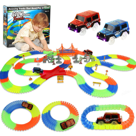 Zacro Glow Race Car Track Set for Kids, 360pcs Race Track Set with Light Up Race Cars STEM Building Toys Flexible Track Playset for Boy Girls 3 4 5 6 7 8 Years Old