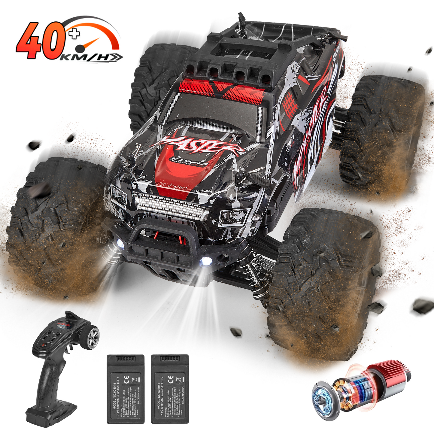 Anpro High Speed Remote Control Car, 16 Scale 40+KMH RC Monster Truck with Lights, 4WD All Terrain Off-Road Truck, 2 Batteries, Electric Vehicle Hobby Toy Gifts for Kids and Adults