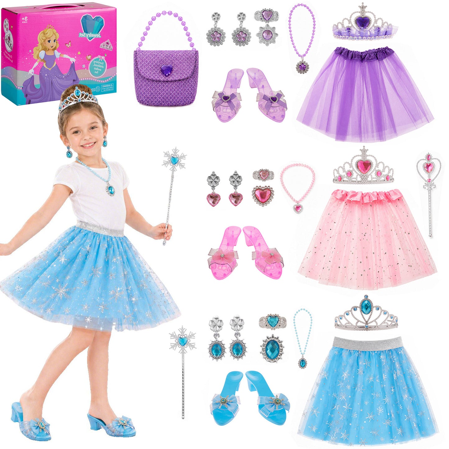 Zacro Princess Dress Up Toy Set, Toddler Dress Up Clothes Set with Skirts, Shoes, Crowns, Purses, Wands and Jewelry, Pretend Role Play Toys for Girls Toddler 3 4 5 6 Year Old