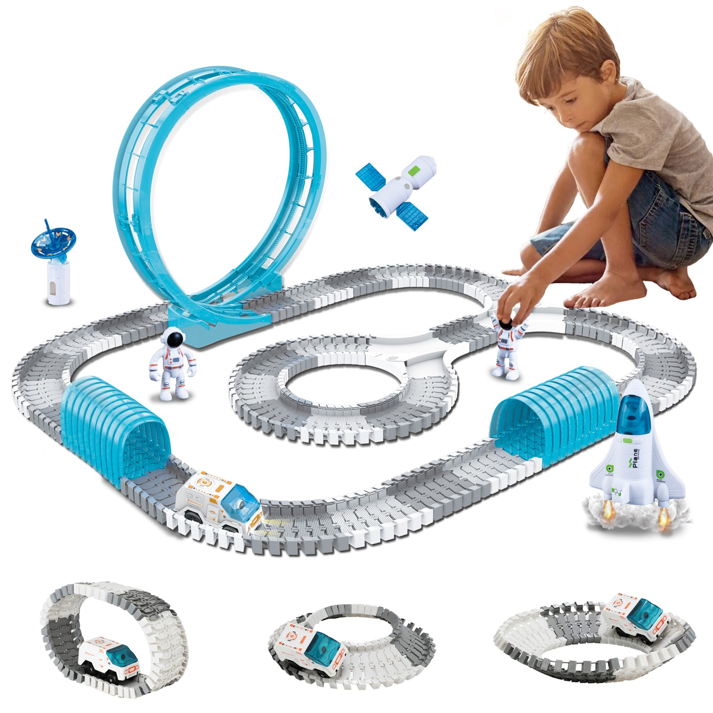 Lictin Race Car Tracks for Kids, 233PCS Space Theme Flexible Racetrack Set with Astronaut, DIY Race Track Kit Educational Toys Gift for Boys Girls Age 3 4 5 6
