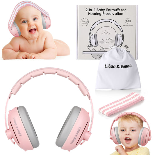 2-in-1 Baby Ear Muffs Noise Protection, Adjustable Headphones with Stretchy Band, Noise Cancelling for Toddler up to 4 Years, Airplane Essentials/Outdoor, Pink