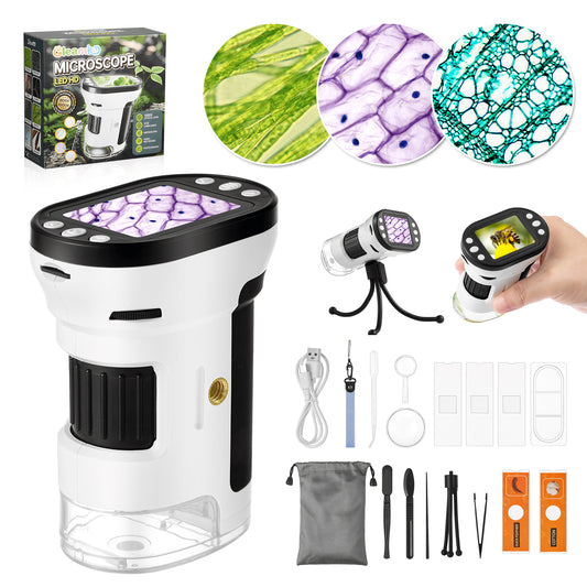 Microscope for Kids, 200-1000X Pocket Microscope with 2” LCD Screen, Tripod, 32G SD Card, USB to PC, Handheld Mini Kids Microscope for Student Adults Microbiological Observation Lab Study