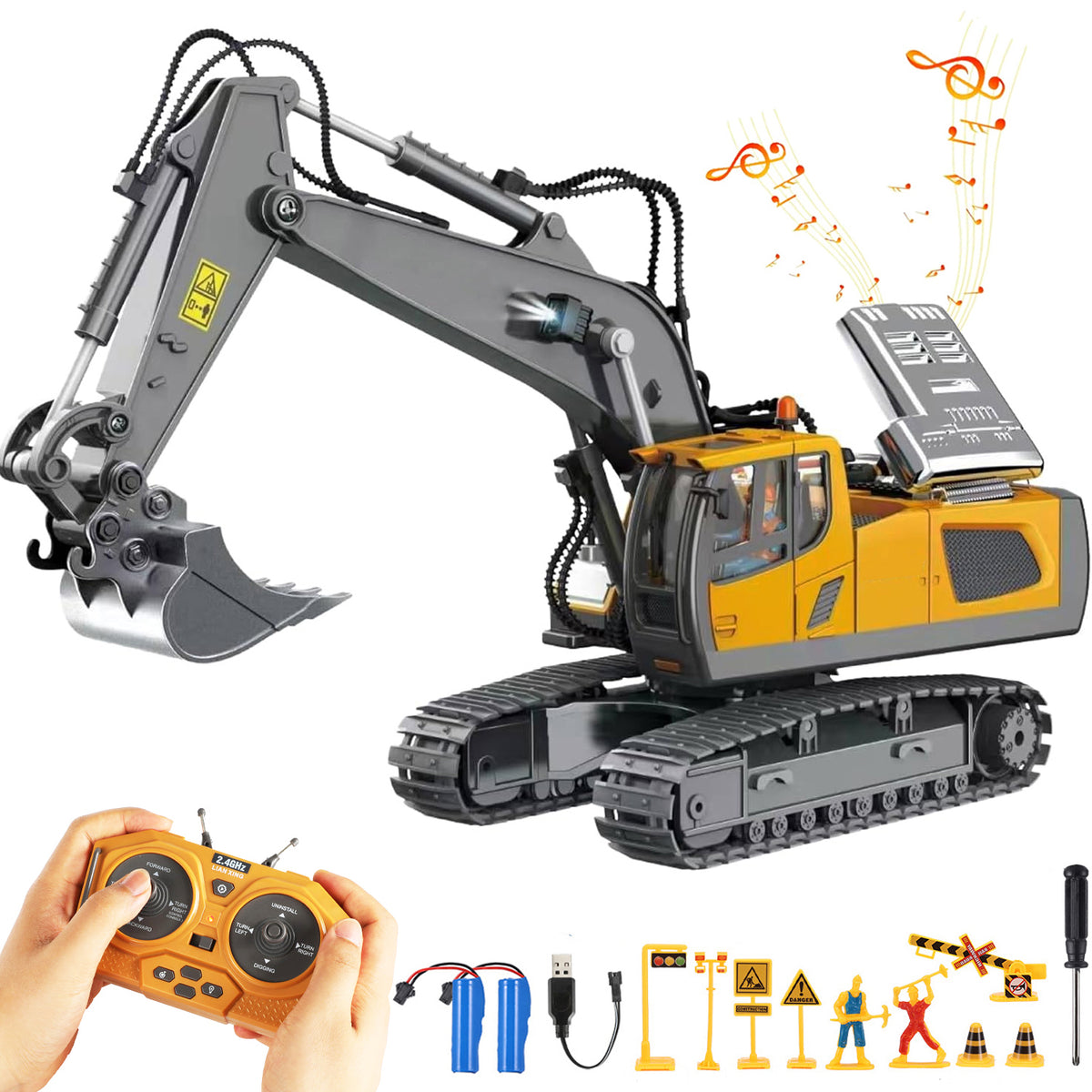 Remote Control Excavator for Kids, Rechargeable 11 Channel RC Construction Vehicle with Metal Shovel,Lights and Sounds, RC Excavator Toys for 3-12 Years Boys Girls