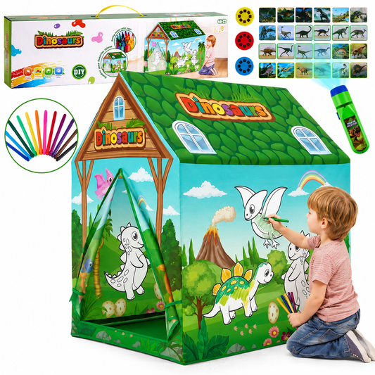Lictin Dinosaur Kids Play Tent, Washable DIY Painting Tent with 12 Color Pens & Projector, Indoor & Outdoor Play Tent House Gift for Toddler Boys & Girls