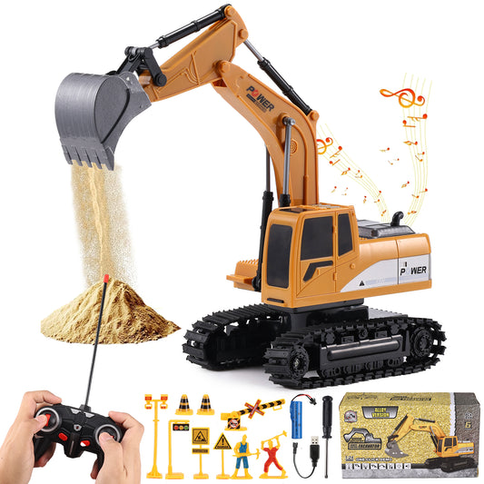 Gemeer Remote Control Excavator for Kids, 6 Channel Rechargeable RC Truck Excavator Construction Vehicle, Navvy Toys with Metal Shovel Lights Sounds for Boys Girls Gifts