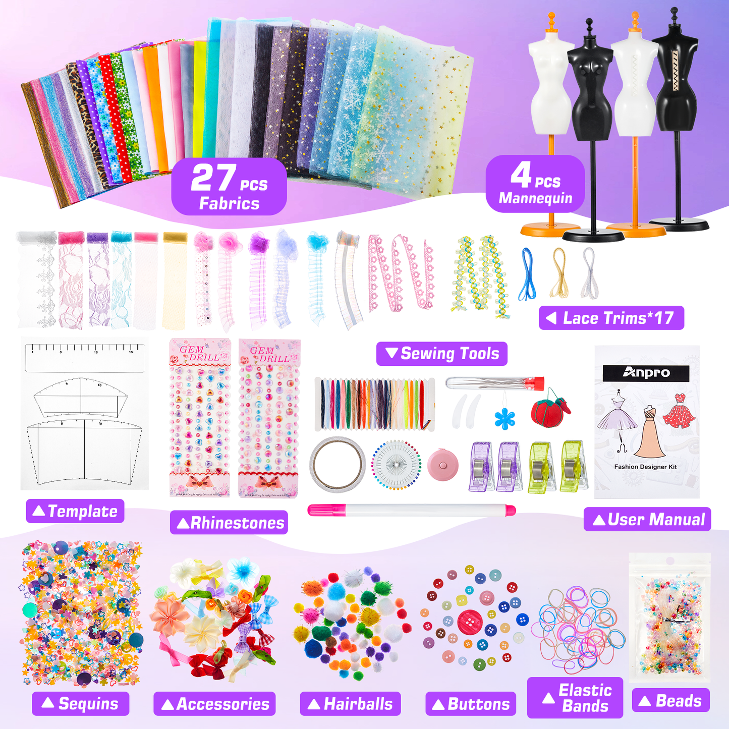 700+ PCS Fashion Designer Kits for Girls, Creativity DIY Arts & Crafts Kit with 4 Mannequins, Sewing Kit Toys Gift for Girls Ages 6-12