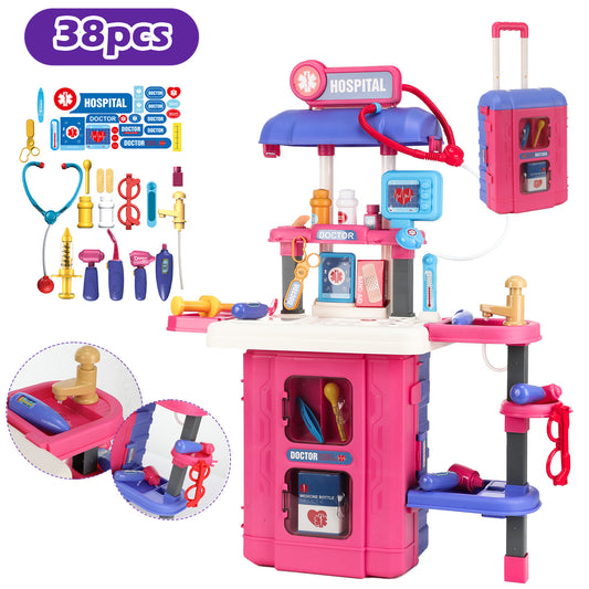 Anpro 38Pcs Toy Doctor Kit for Kids, 28Inch 3 in 1 Role Play Toys Medical Kit with Stethoscope, Pretend Mobile Medical Station with Realistic Light & Sound Effects for Boys Girls Age 3+, Red