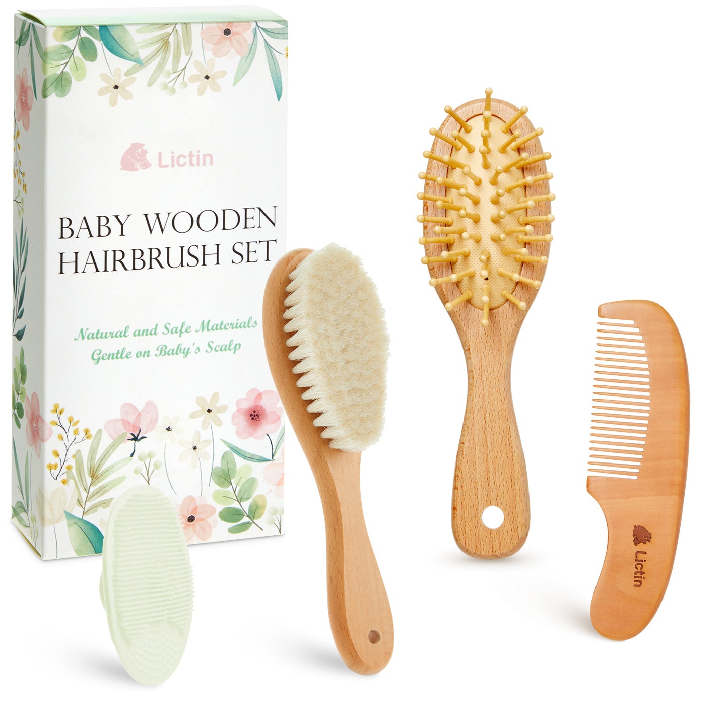 Lictin Baby Hair Brush and Comb Set, 4Pcs Newborn Wooden Hair Brush with Soft Goat Bristles, Baby Cradle Cap Comb Set, Infant Grooming Kit for Baby Shower Gift