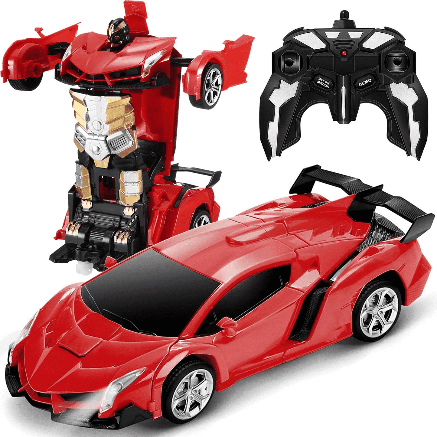 Petbank RC Transform Car Toy, 2.4Ghz Remote Control Transform Car Robot Toy, 1:18 Scale One-Button Deformation Race Car Toys for Boys Girls Ages 4-12, Red