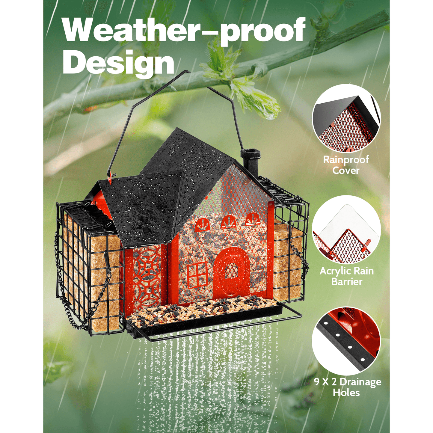 Bird Feeder House for Outdoor Hanging, Metal Wild Bird Feeder with with 2 Suet Cage for Finch Cardinal Chickadee, Large Capacity, Weatherproof and Durable, Red
