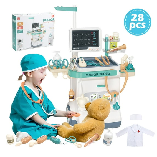 Petbank 28PCS Doctor Kit for Kids, Pretend Medical Station Toy Set for Girls Boys, Mobile Cart Doctor Role Play Toys for Toddler Gift Age 3+