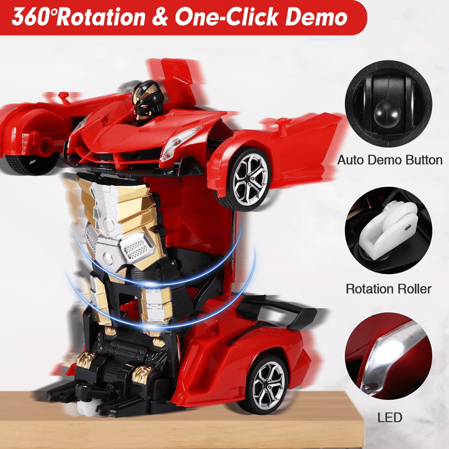 Petbank RC Transform Car Toy, 2.4Ghz Remote Control Transform Car Robot Toy, 1:18 Scale One-Button Deformation Race Car Toys for Boys Girls Ages 4-12, Red