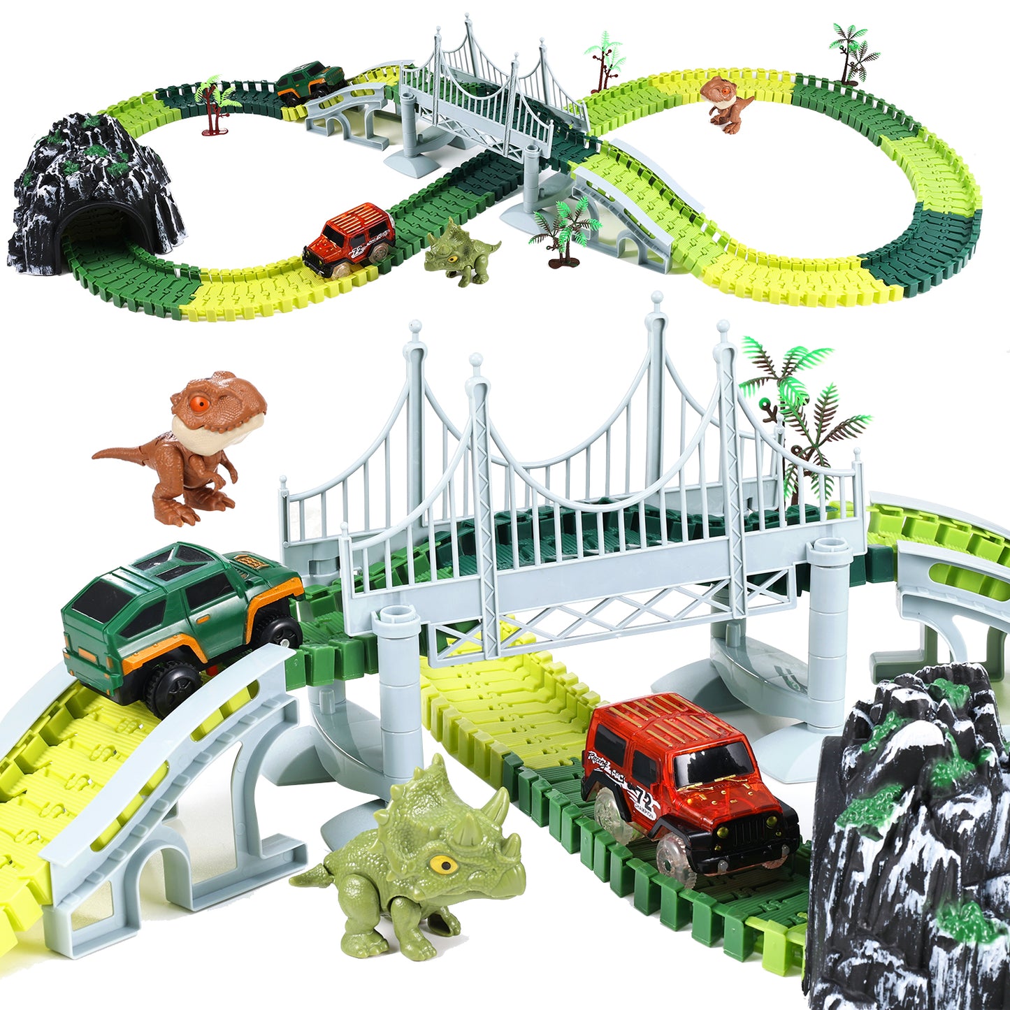 Anpro Dinosaur Race Car Track Set for Boys, 240pcs Flexible Track Playset, Create a Dinosaur World Road Toys for Boys Age 3+