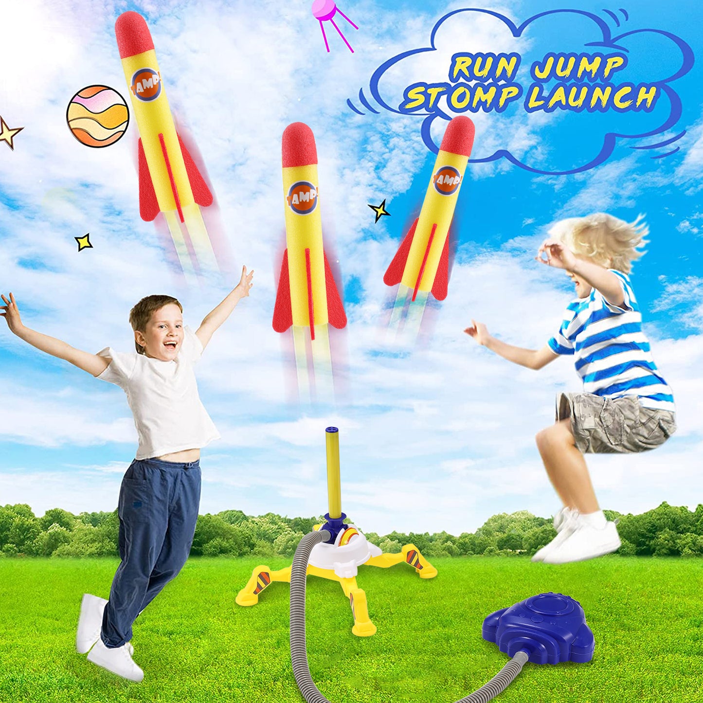 Anpro Toy Rocket Launcher Set for Kids, Rocket Outdoor Toys with 6 Rockets + Launcher Soars 100 ft for Boys or Girls Age 3+ Years Old Toy Christmas Gift, Yellow