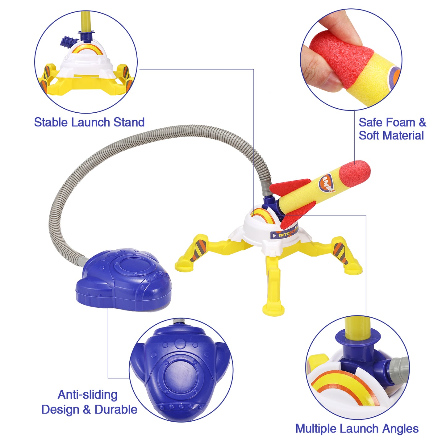 Anpro Toy Rocket Launcher Set for Kids, Rocket Outdoor Toys with 6 Rockets + Launcher Soars 100 ft for Boys or Girls Age 3+ Years Old Toy Christmas Gift, Yellow