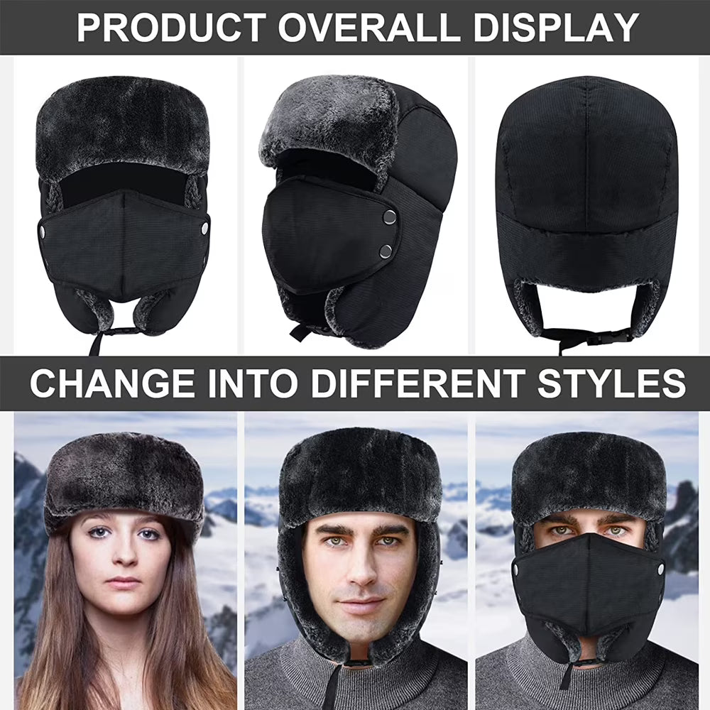 Zacro Trapper Hat for Men Women, Winter Hat Trooper Russian Warm Hat with Ear Flaps Windproof Mask, Black