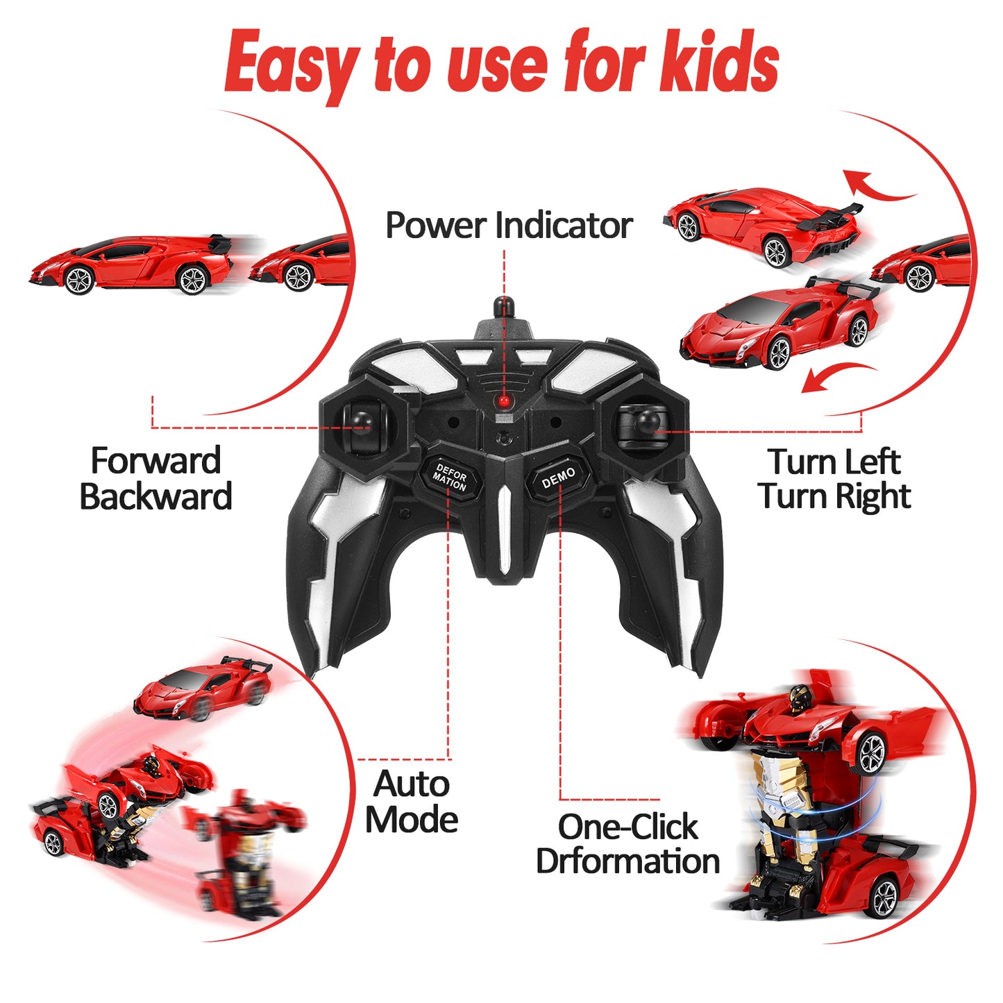 Anpro Transform RC Car Toy for Kids, 2.4Ghz 1:18 Scale Remote Control Car, Transforming Robot with One-Button Deformation 360° Rotation, Best Gift for Boys Girls, Red