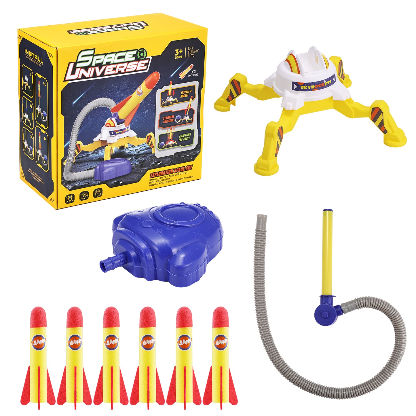 Anpro Toy Rocket Launcher Set for Kids, Rocket Outdoor Toys with 6 Rockets + Launcher Soars 100 ft for Boys or Girls Age 3+ Years Old Toy Christmas Gift, Yellow