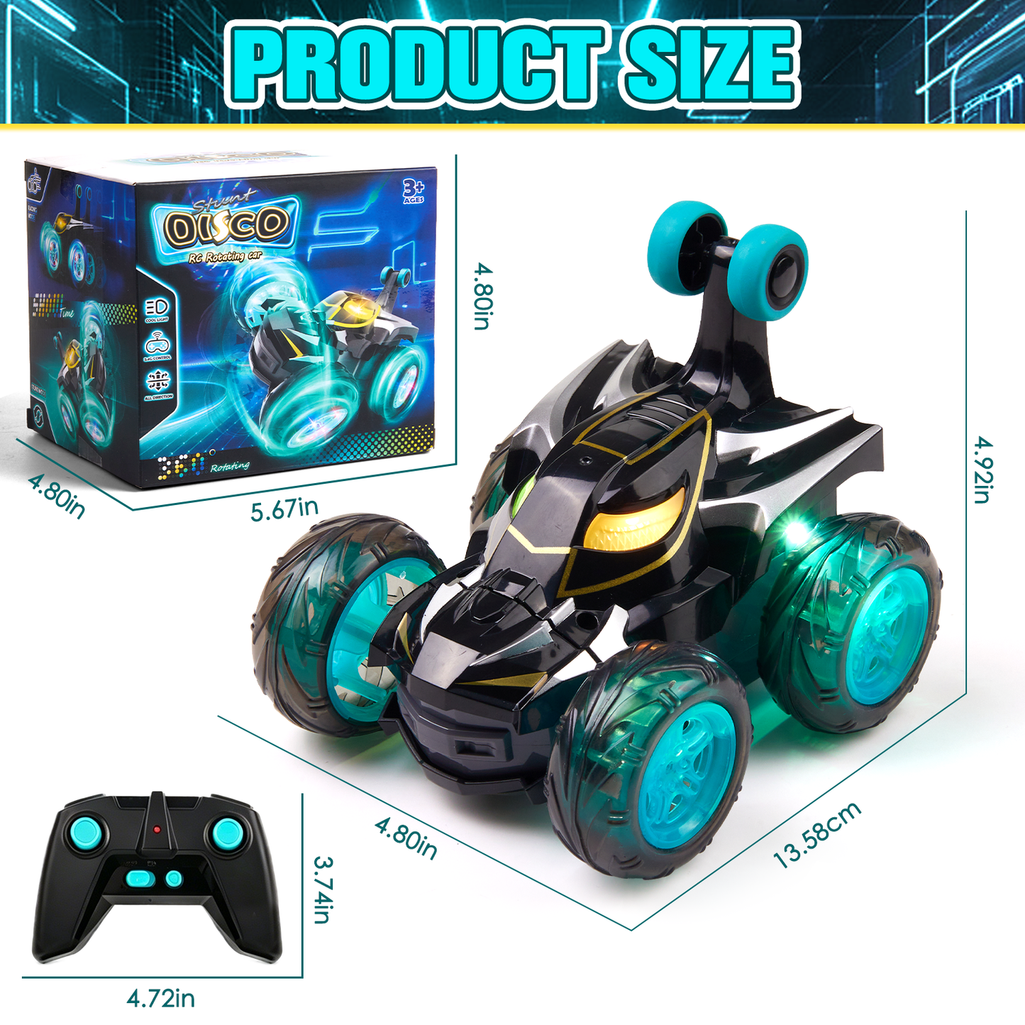 Zacro Remote Control Car for Boys, 360° Rotating RC Stunt Car with Cool LED Lights, 4WD 2.4GHz Rechargeable RC Car Toys Gifts for Kids Boy Age 3 4 5 6 7 8