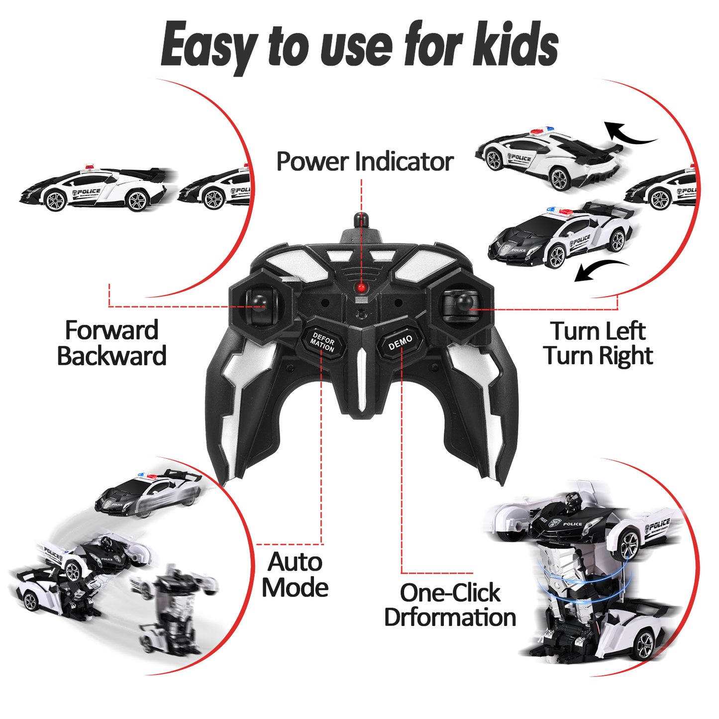 Anpro RC Car Toy for Kids, 1:18 Scale Transform Remote Control Car Robot for Age 5+ Boy Girl, White