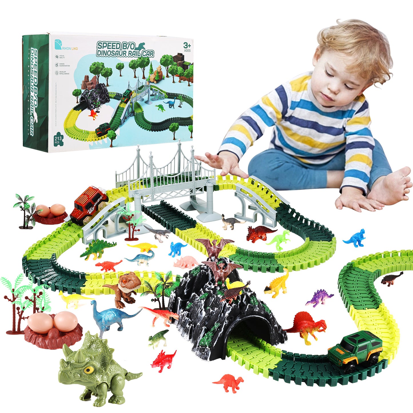 Anpro Dinosaur Race Car Track Set for Boys, 240pcs Flexible Track Playset, Create a Dinosaur World Road Toys for Boys Age 3+