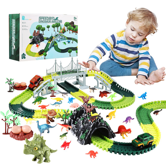 Anpro Dinosaur Race Car Track Set for Boys, 240pcs Flexible Track Playset, Create a Dinosaur World Road Toys for Boys Age 3+