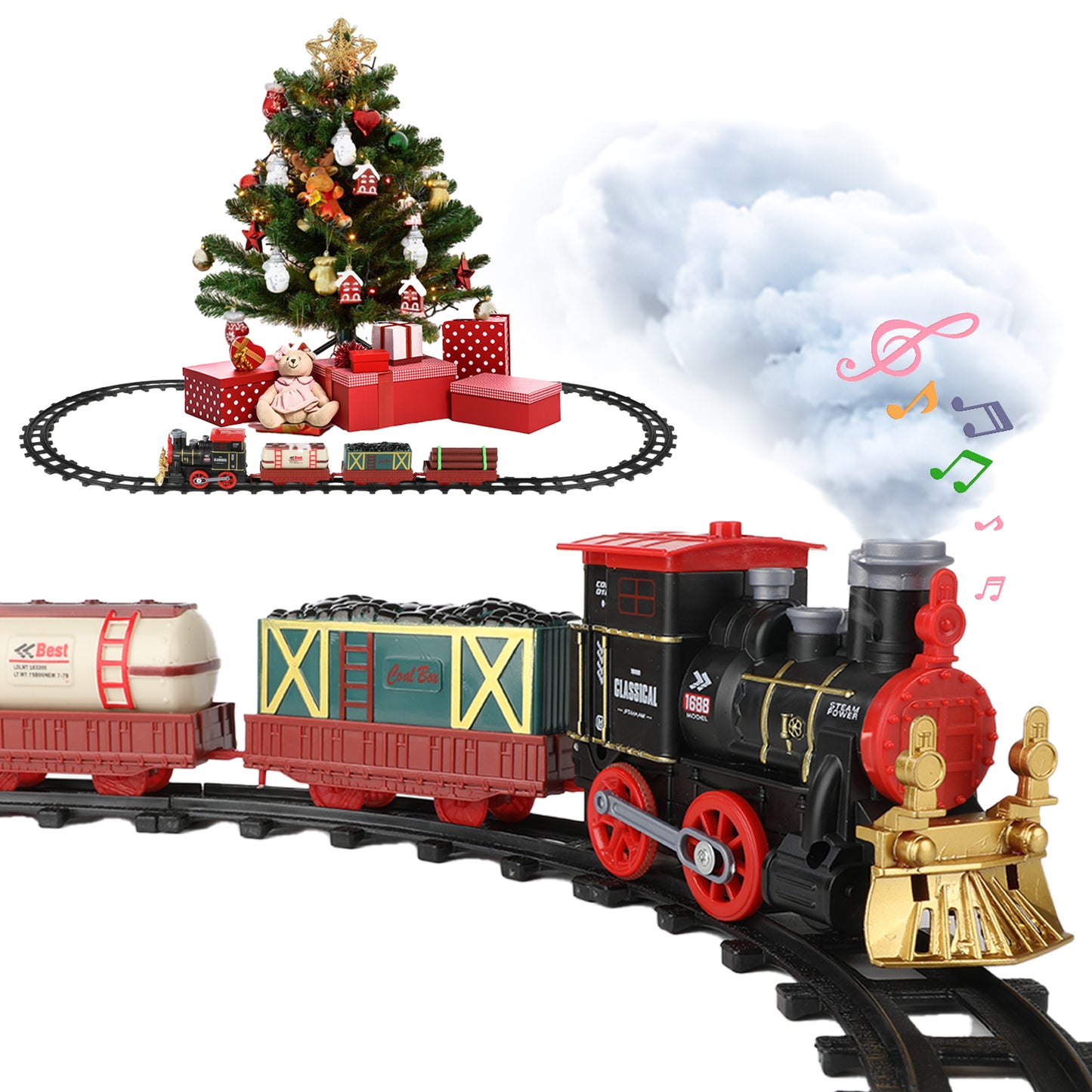 Anpro Electric Train Set for Kids, Train Track Toy with Smoke & Sound, Christmas Train Gift for Boy & Girl