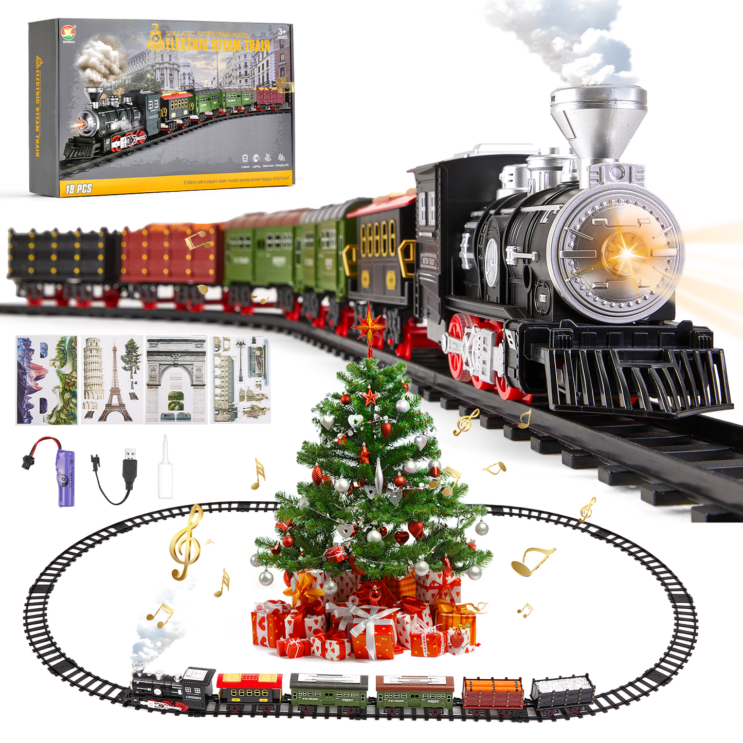 Gleamkid Electric Train Set for Kids, Train Track Toy with Smoke & Light & Sound, Christmas Train Gift for Boy & Girl