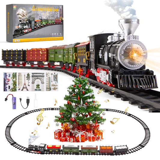 Gleamkid Electric Train Set for Kids, Train Track Toy with Smoke & Light & Sound, Christmas Train Gift for Boy & Girl