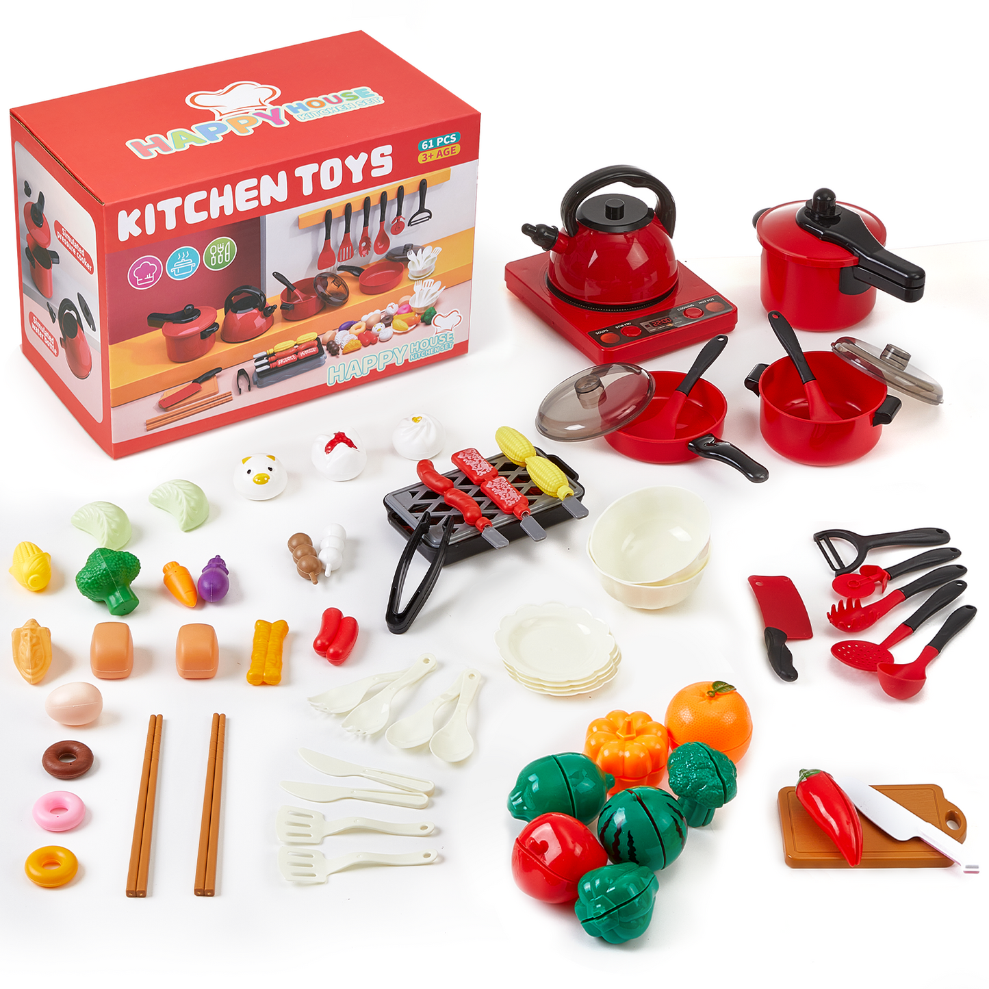 Gleamkid Kids Pretend Play Kitchen Accessories, 61pcs Kitchen Playset, Pretend Cooking Play Pots with Pans, Pot and Utensils, Preschool Learning Education Toys for Toddler Boys Girls
