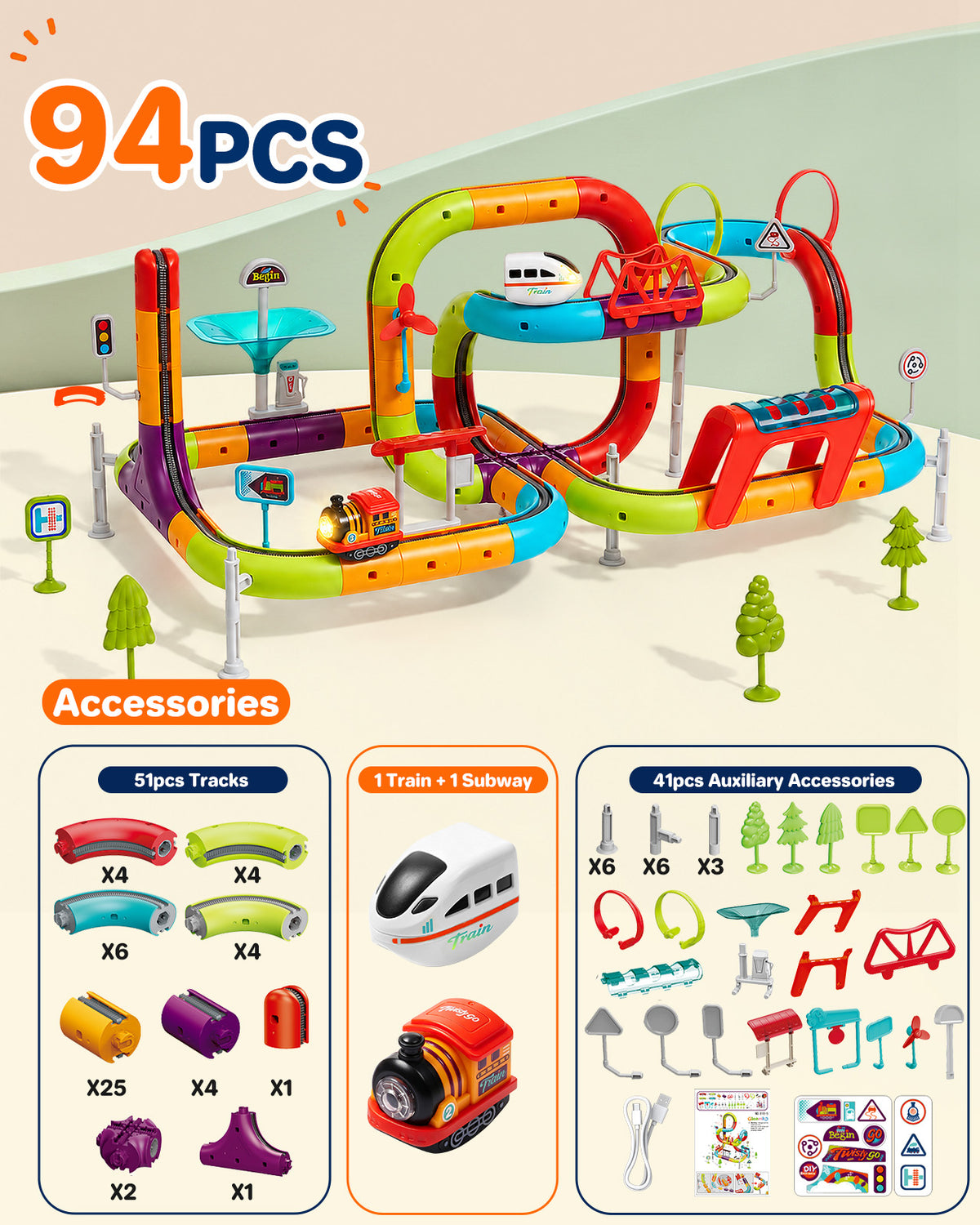 Zacro 94PCS Electric Train Set for Kids, Dual Track Racing Toy with Train & Subway Cars, DIY Building Track STEM Toy with Lights & Sound, Gifts for Boys Girls Ages 3+