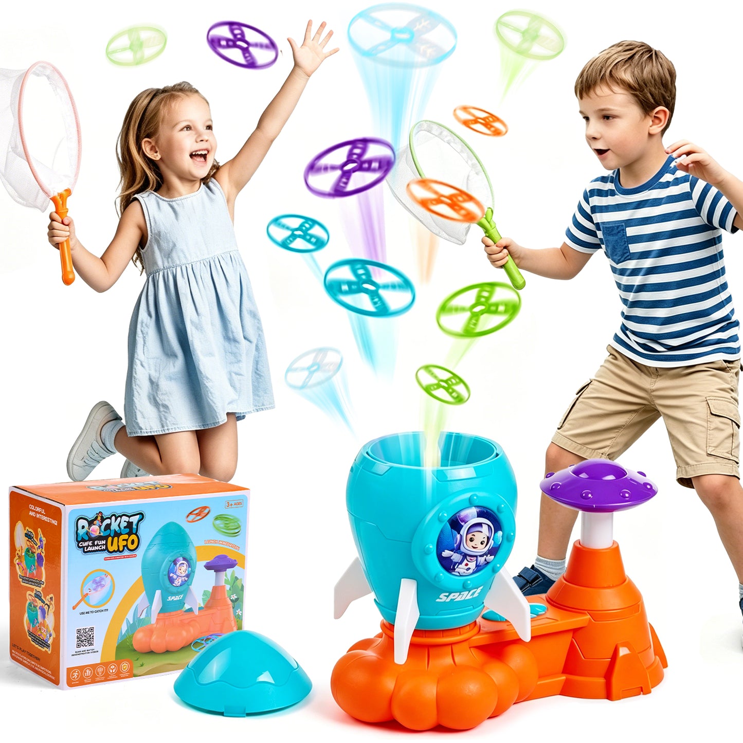 Zacro Rocket Launcher Toys for Kids, Flying Disc Launcher Outdoor Toys with 1 Rocket Launcher, 24 Flying Discs and 2 Nets, Outside Chasing Catching Game Toys Gift for Boys Girls Age 3+